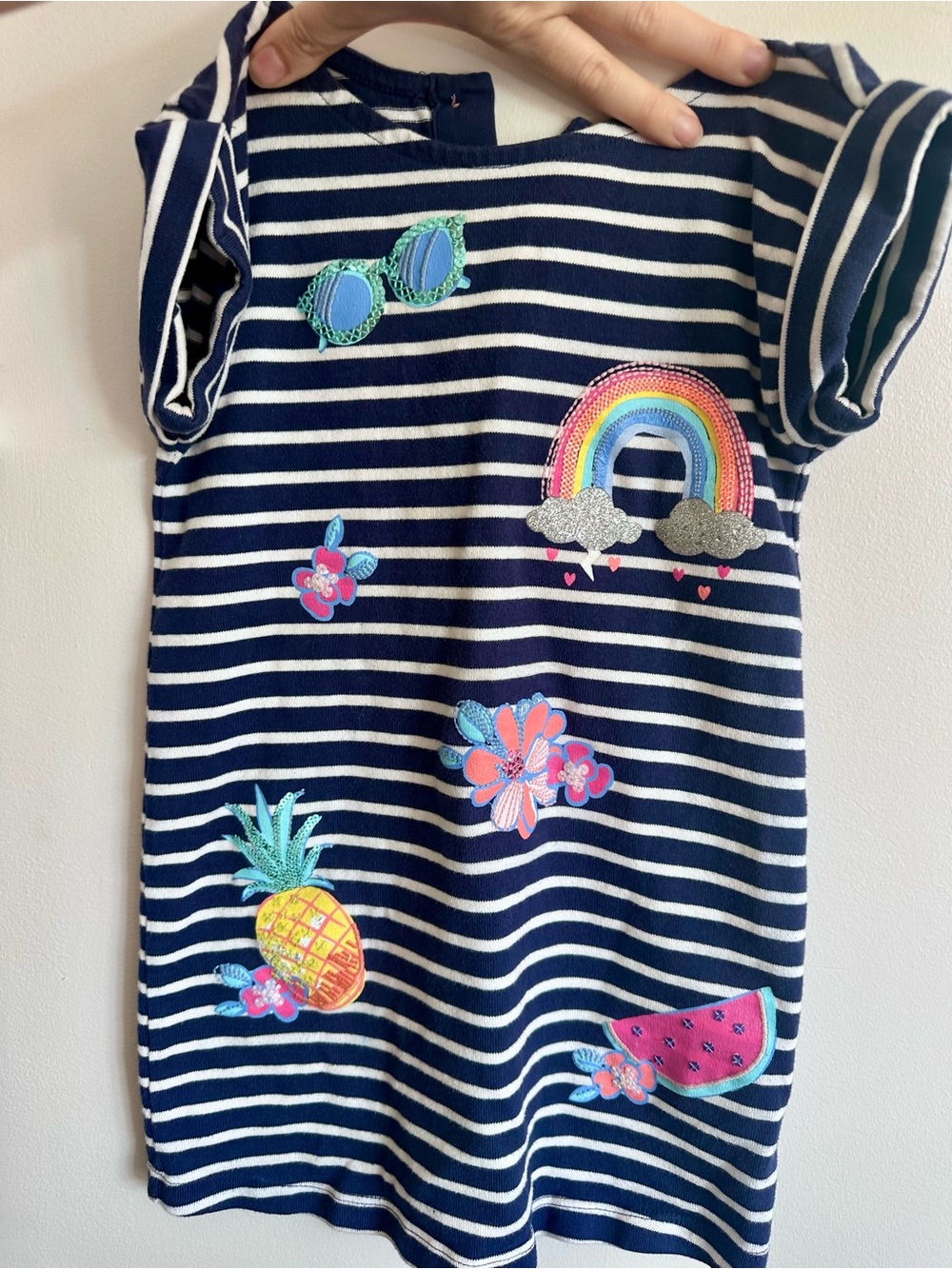 Gymboree Navy & White Striped Dress with Rainbow and Fruit Patches